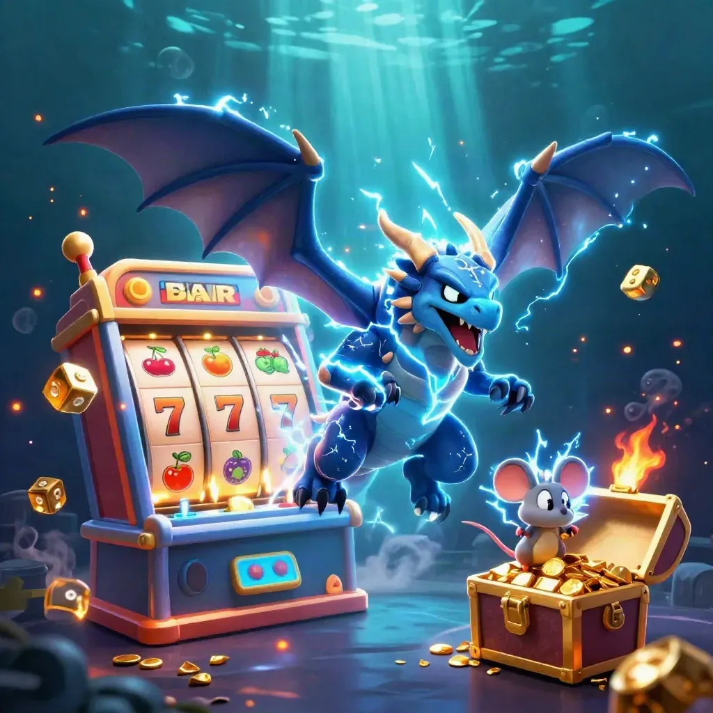 Thunder dragon, glowing hawk and static mouse amid exploding slots, gold and neon lights.
