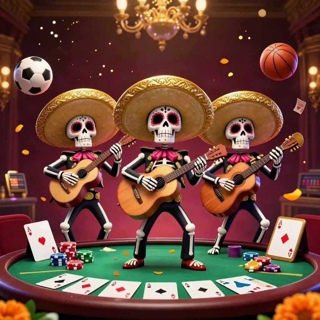 Day-of-the-Dead mariachi skeleton trio amid casino chips, cards, sports balls and golden lights