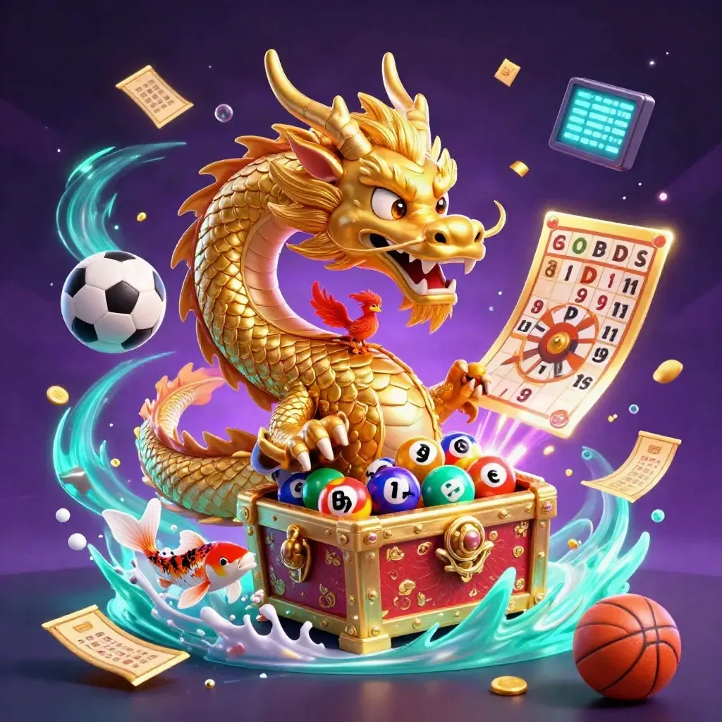 Golden dragon with phoenix and koi amid casino props, lottery balls, and neon glow