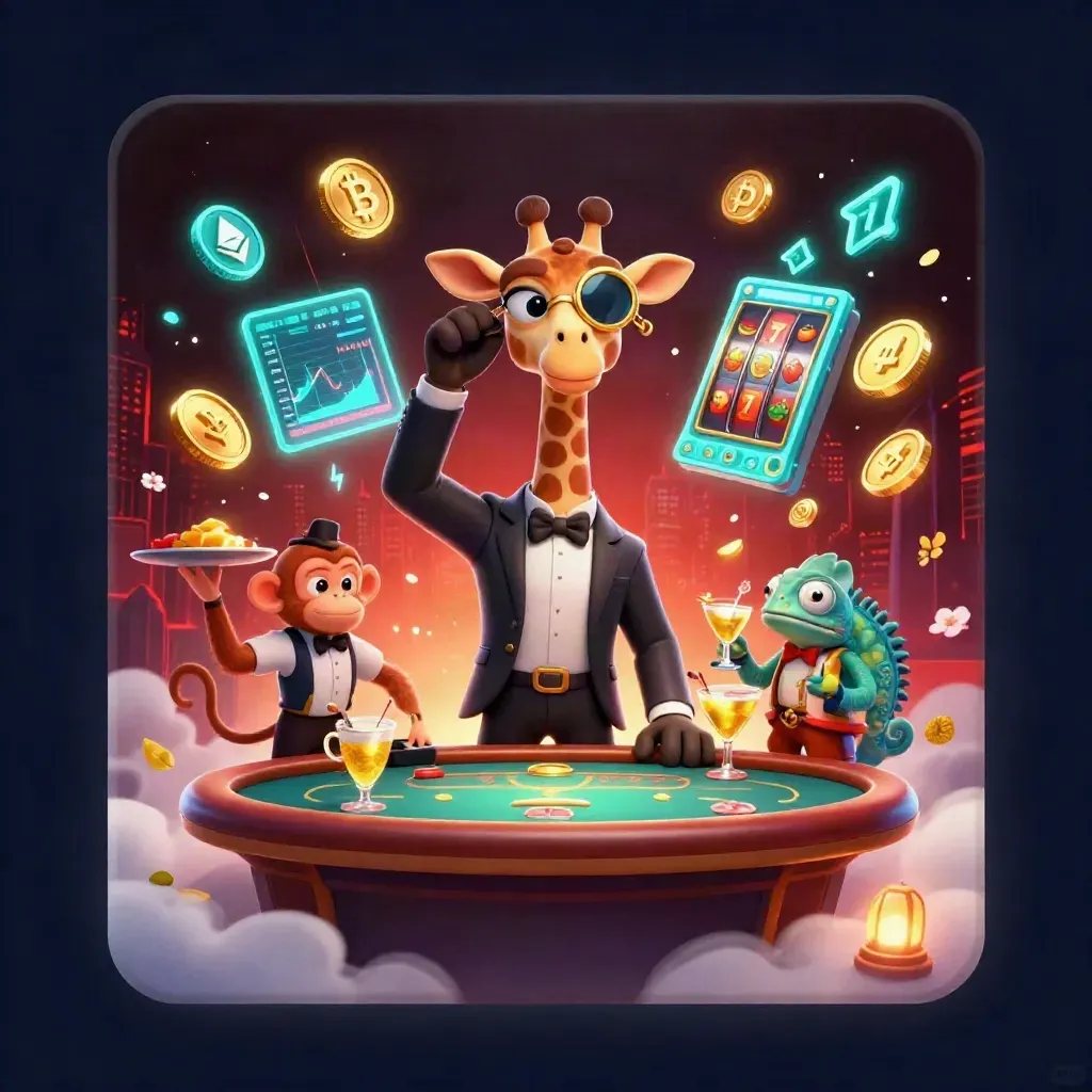 Giraffe, monkey, and chameleon in a glowing casino jackpot scene with coins and neon effects