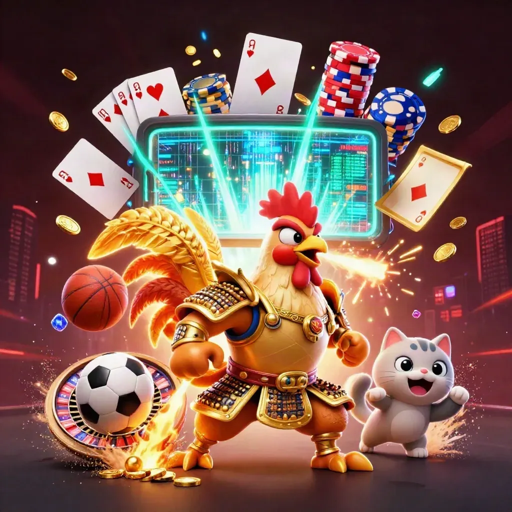 Rooster warrior, dragon hatchling and fortune-cat amid casino sports sparks, coins and balls