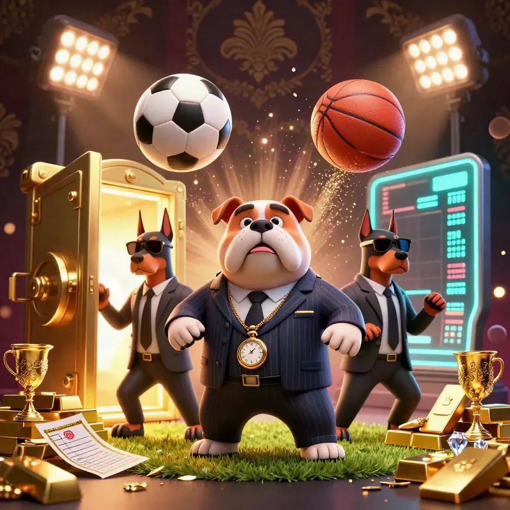 Bulldog boss and dobermans with gold vault, balls, gems, and casino glow
