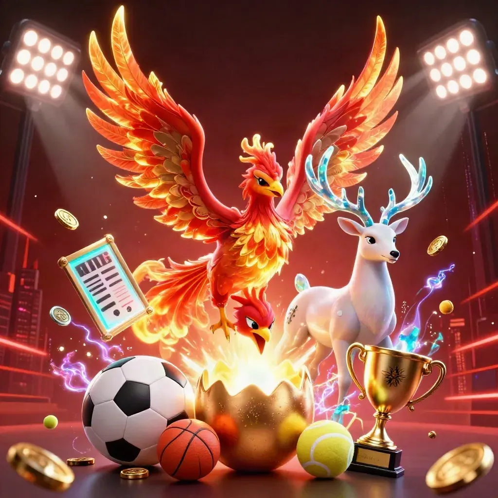 Fiery phoenix, hatching chick, crystal stag, flying sports balls, trophy and coins in neon casino light.