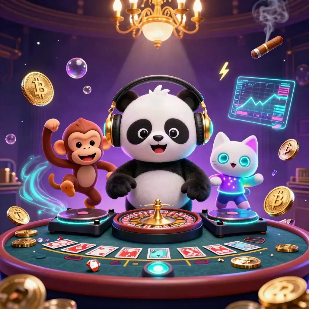 Panda DJ, dancing monkey and glow-stick kitten in a neon casino with coins and glowing crypto