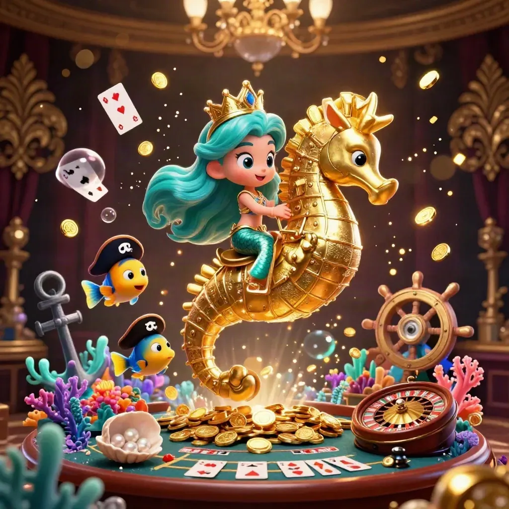 Mermaid princess on golden seahorse with pirate fish, treasure cove, casino glow