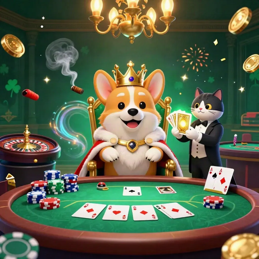 Royal corgi king and cat butler amid casino chips, cards, roulette, and gold glow.