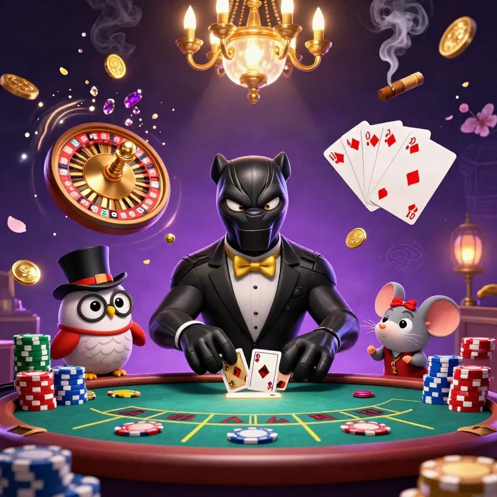 Panther, owl, and mouse in a luxe casino room with coins, chips, and glowing roulette.
