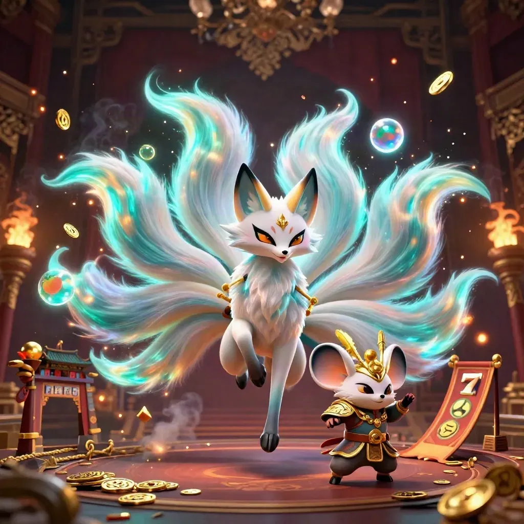 Fox spirit and samurai mouse amid coins, embers, temple gate, and casino glow.