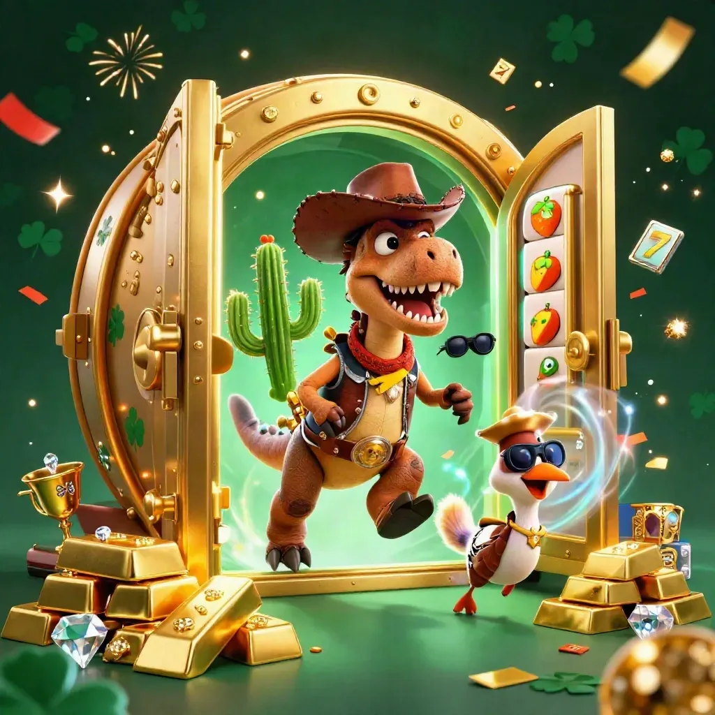 Cowboy T-Rex, cactus sidekick and sheriff roadrunner burst from a gold vault in casino neon.