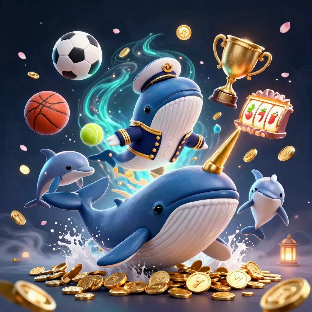 Whale captain, narwhal, and dolphins burst through coins with sports balls and casino glow.