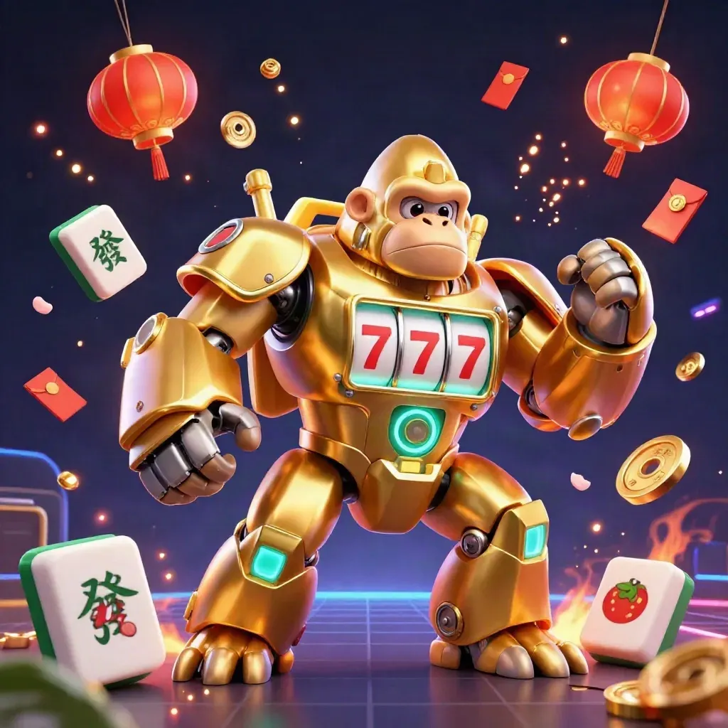 Golden gorilla mech with tiny monkey pilot exploding with coins, lanterns, and neon casino energy