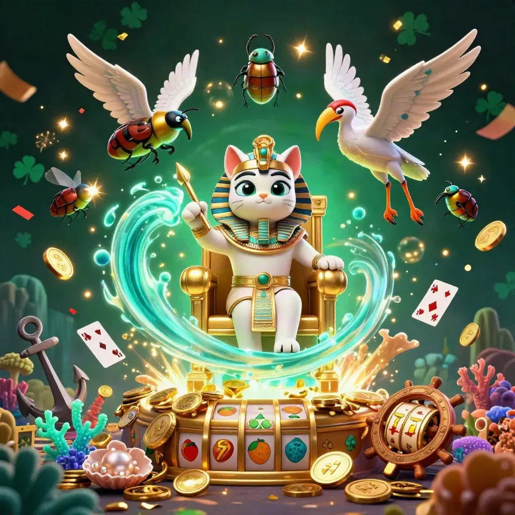Pharaoh cat on golden throne, ibis scribe, scarab beetles, treasure cove and teal glow