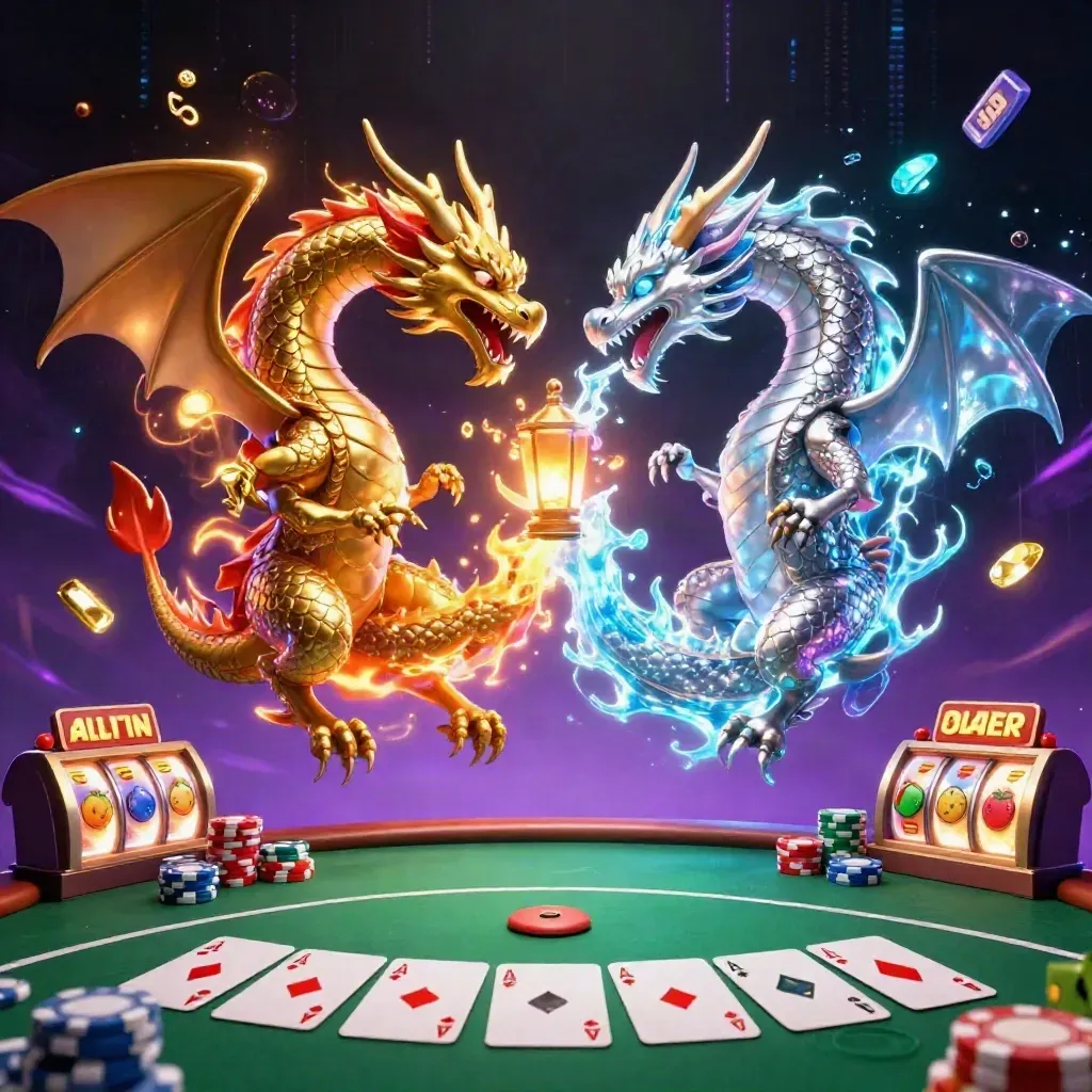 Gold and silver dragons spiral around a lantern spirit amid poker chips, cards, and casino glow.