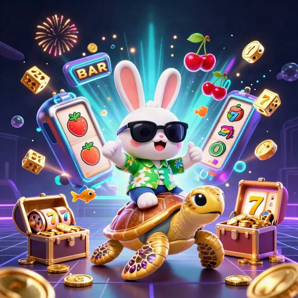Lucky rabbit rides a golden sea turtle amid coins, slot symbols, treasure chest and neon casino glow.