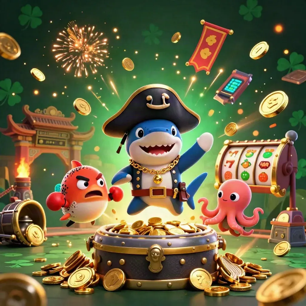 Pirate shark, boxing pufferfish, and juggling octopus amid coins, vault glow, fireworks, and casino symbols.