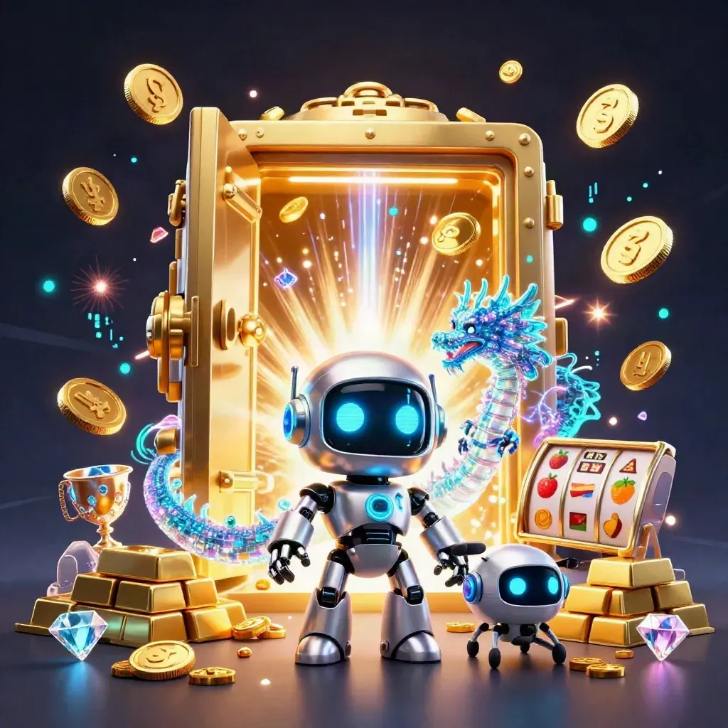 Robot, dragon, and coin drone burst from a glowing vault with gold, gems, and neon effects.
