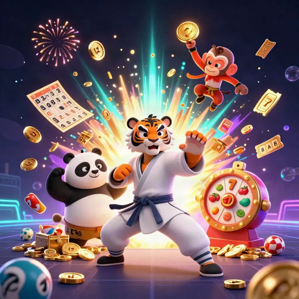 Kung-fu tiger, panda, and monkey amid gold coins, lottery balls, reels, and casino fireworks.