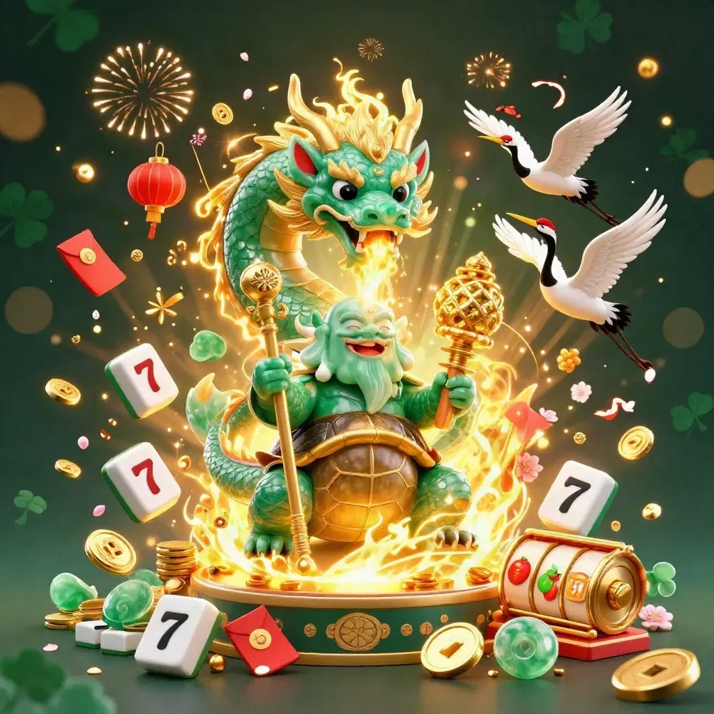 Jade dragon, turtle sage and cranes amid gold coins, lanterns, fireworks and casino symbols.