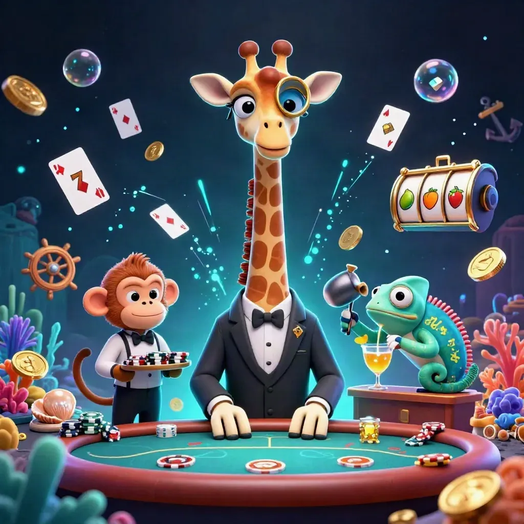 Giraffe, monkey valet, and chameleon bartender in a neon casino treasure cove glow