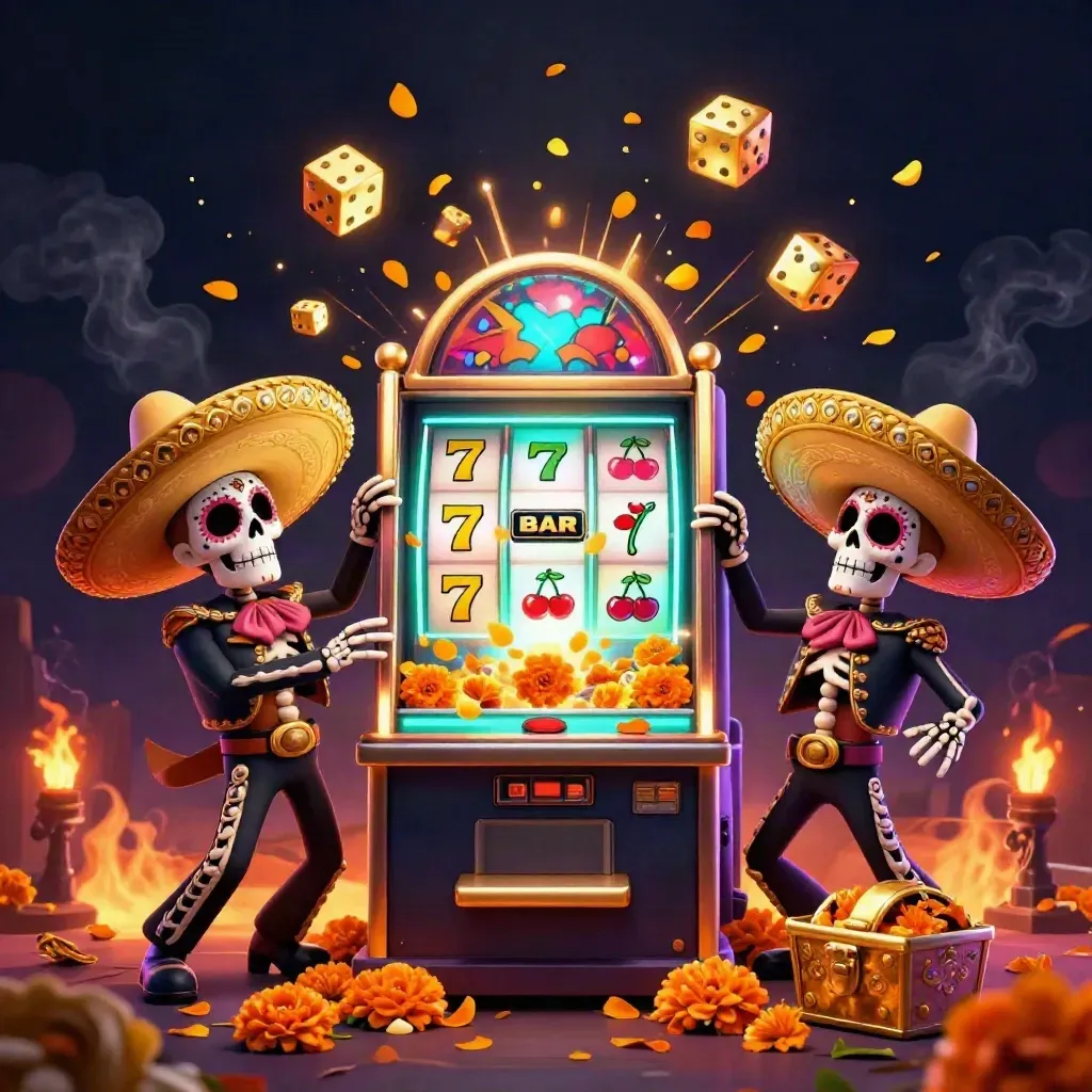 Three skeleton mariachi figures with slot symbols, gold bursts, and ember glow