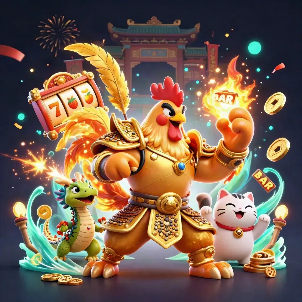 Golden samurai rooster, spark-breathing hatchling, and cheering lucky cat amid casino magic