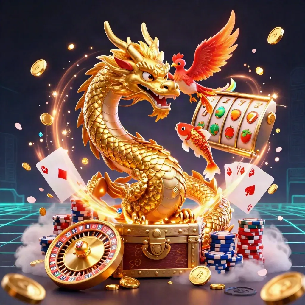 Golden dragon with chest, phoenix and koi amid coins, roulette, cards and chips on a dark neon casino glow.