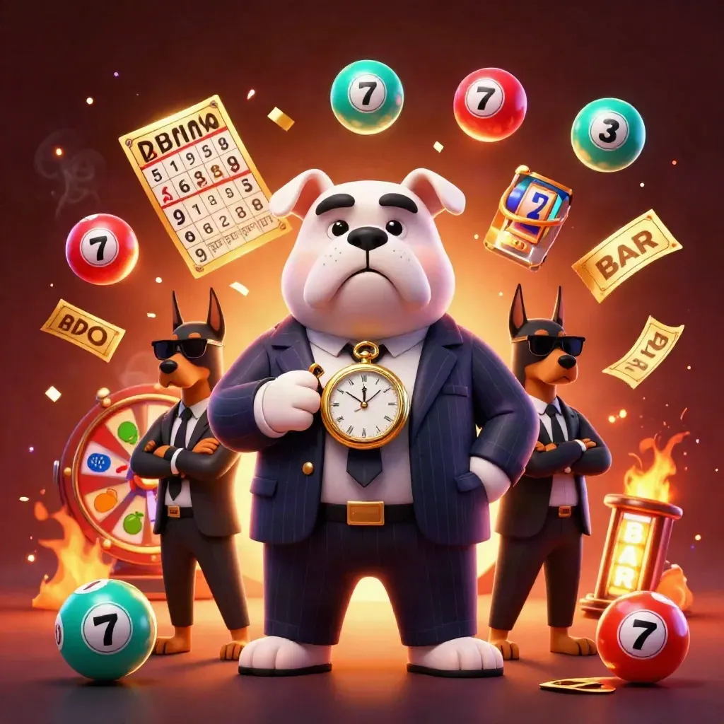 Bulldog boss with Doberman guards, casino symbols, glowing embers, cinematic mobile game art.
